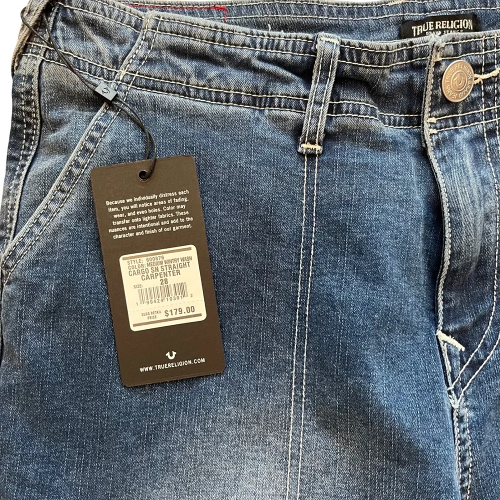 True Religion Cargo SN Straight Carpenter Jeans Med Wintry Wash 600876‎ Mens 28